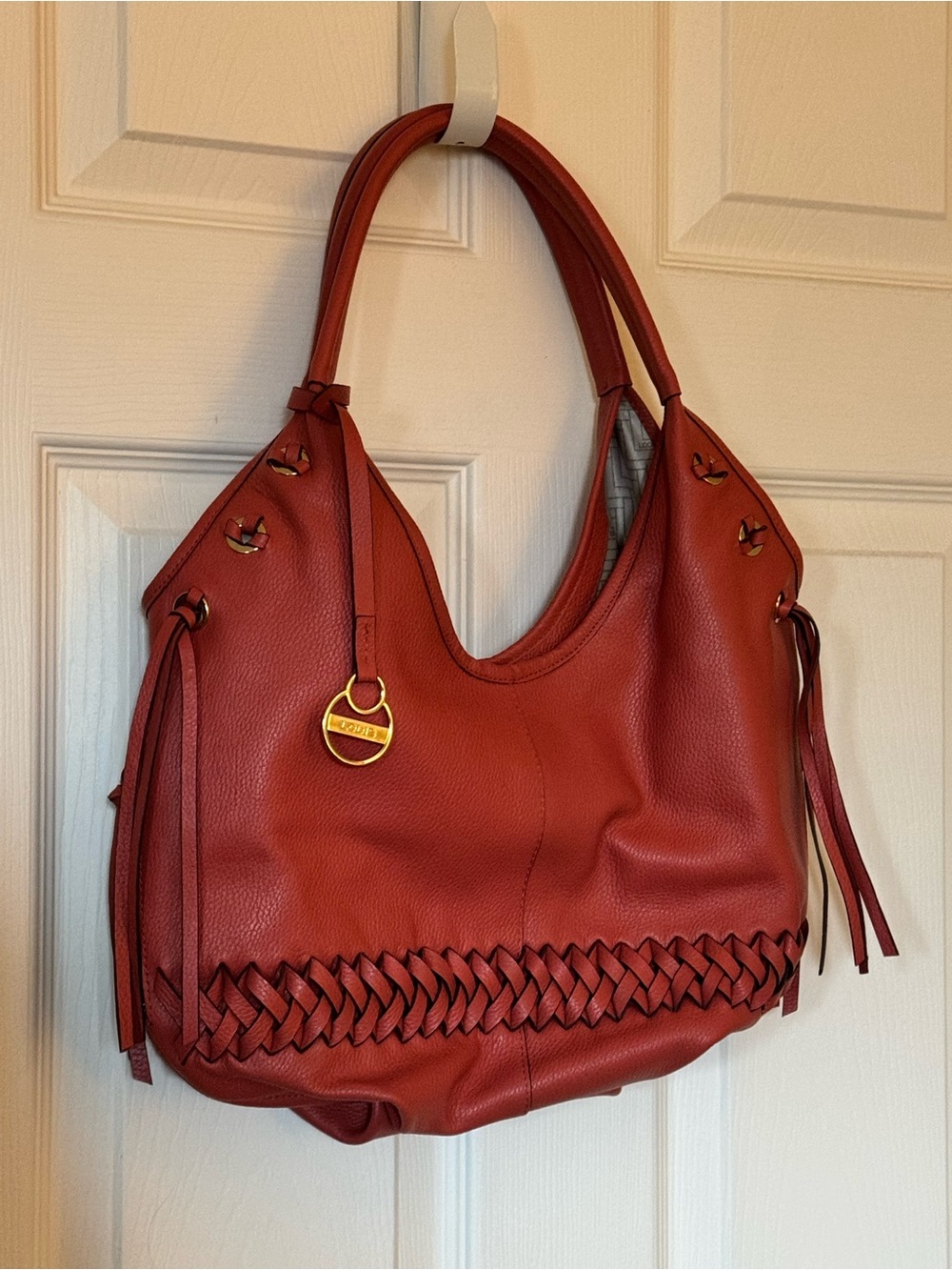 Lodis Orange Leather Woven-Trim Hobo Shoulder Bag